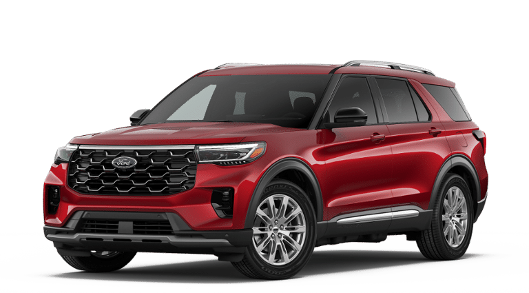 2026 Ford Explorer Platinum in Rapid Red Metallic Tinted Clearcoat — front three-quarter view
